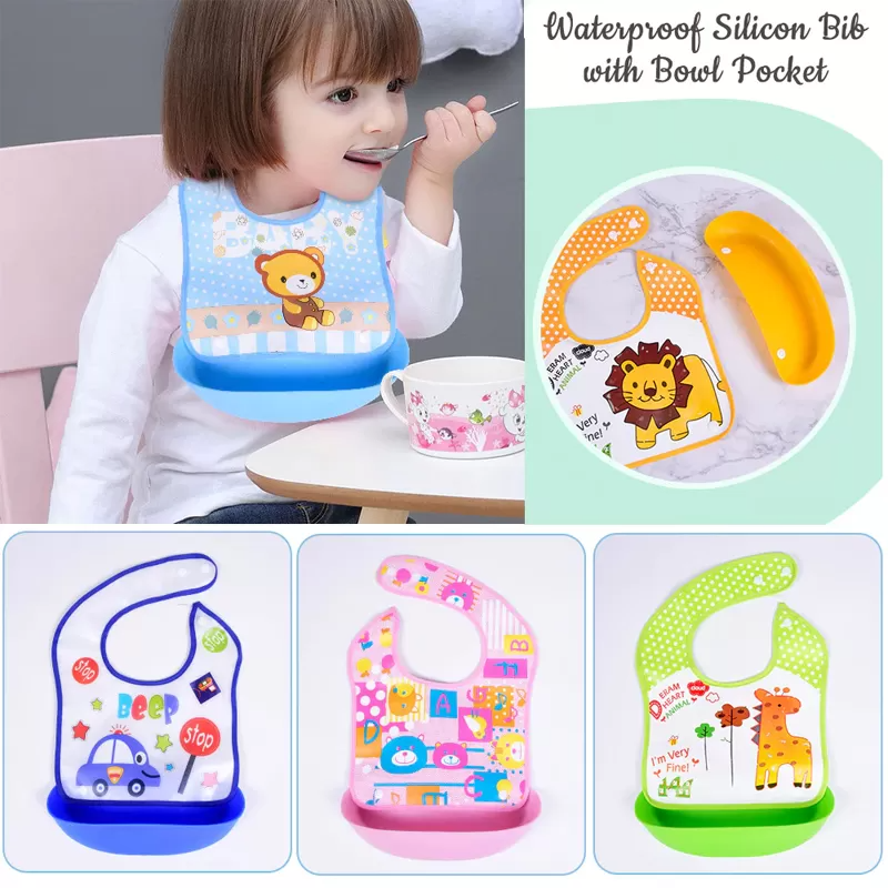 Blue waterproof Silicone Baby Bibs Silicone Bibs with Bowl Pocket Feeding Toddler Infant Unisex BPA Free