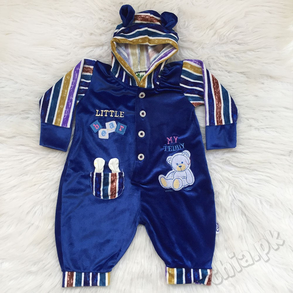 Little Bear Baby Winter Velvet Romper Comfortable Fancy Baby Bodysuit with Attach Cap Hood Full Sleeves