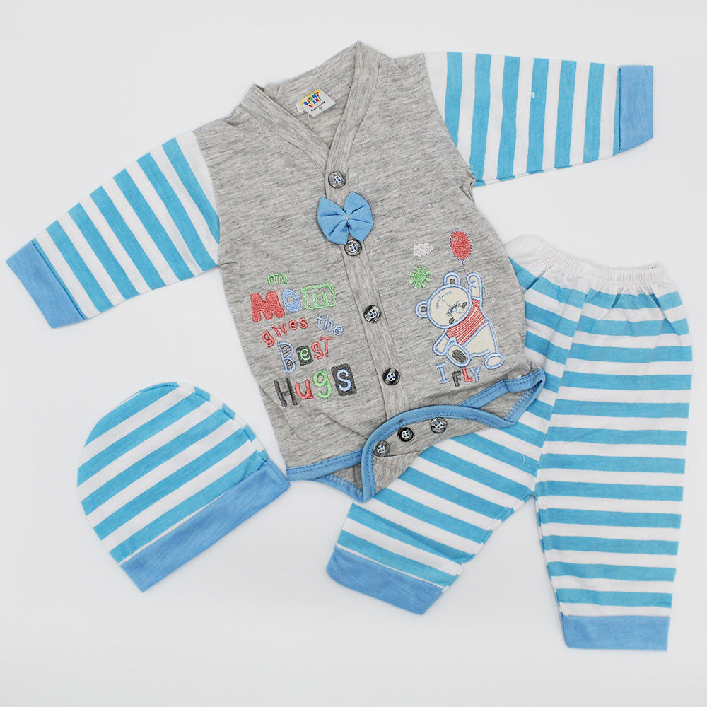 Newborn Baby Embroidered Bear Full Sleeves Bodysuit with Pajama and Cap for 0-3 months