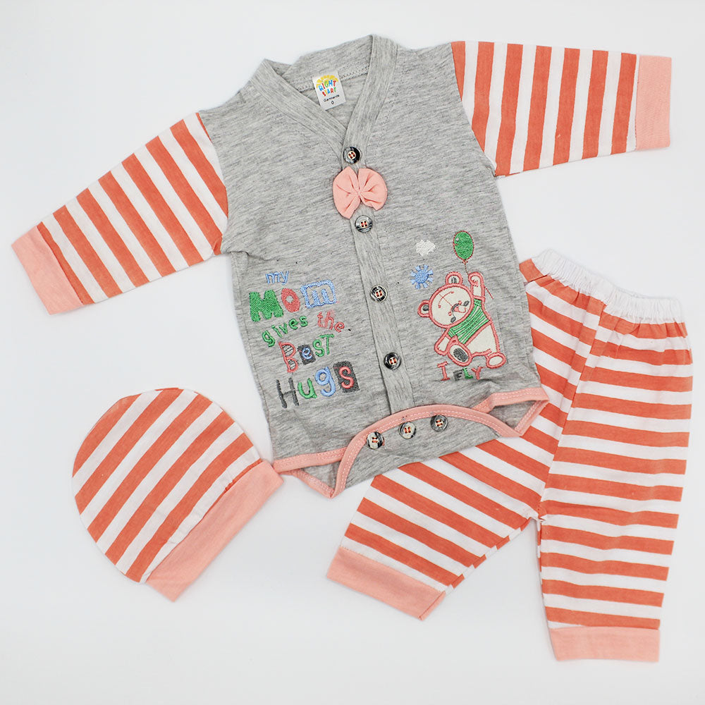Newborn Baby Embroidered Bear Full Sleeves Bodysuit with Pajama and Cap for 0-3 months
