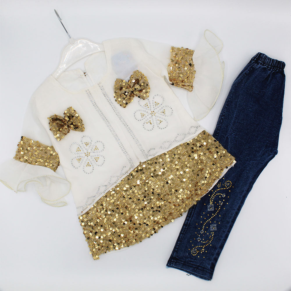 Girls Full Sleeves Stylish Fancy Sitara Bow Frock with Denim Jeans Pant for 12 Months - 3.5 Years