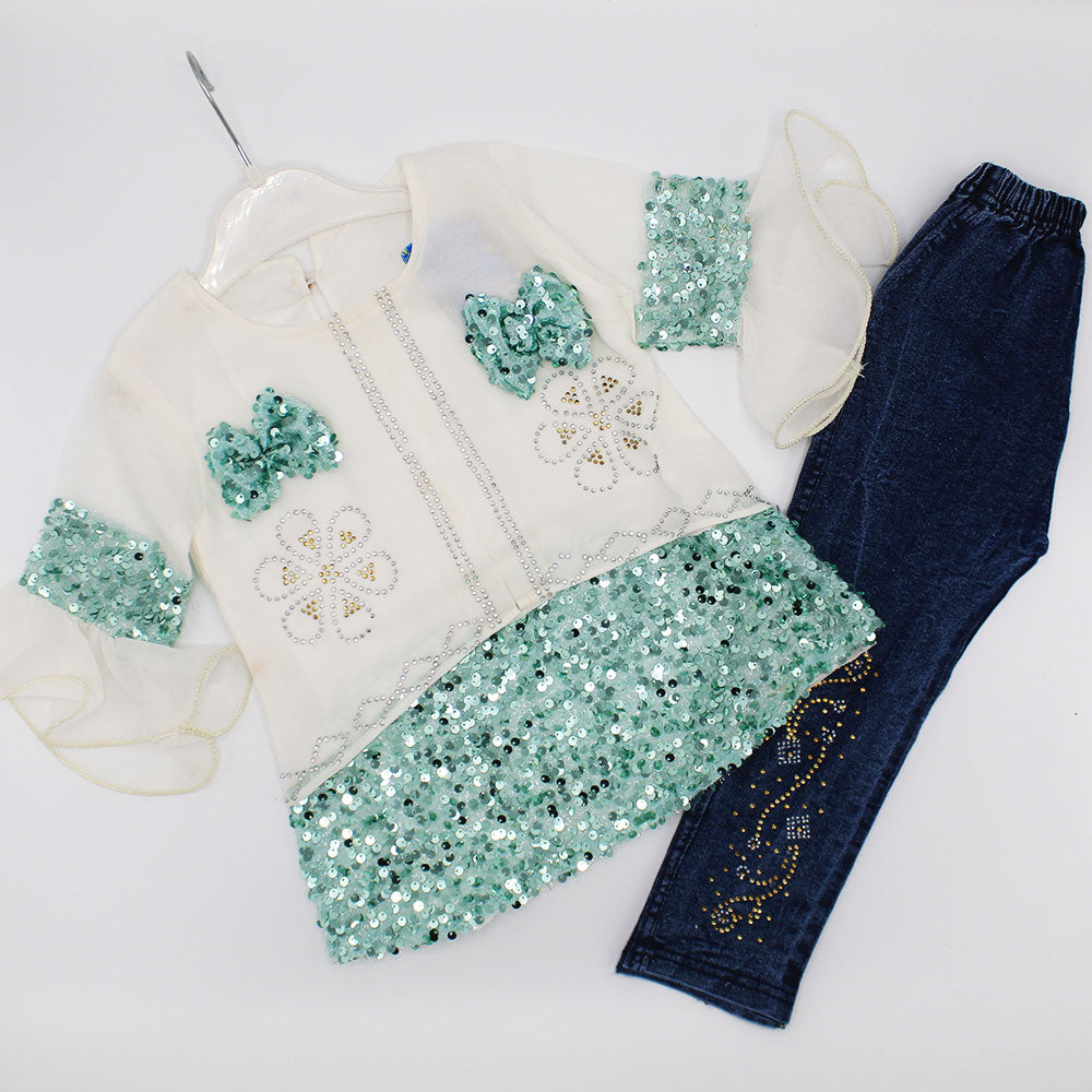 Girls Full Sleeves Stylish Fancy Sitara Bow Frock with Denim Jeans Pant for 12 Months - 3.5 Years