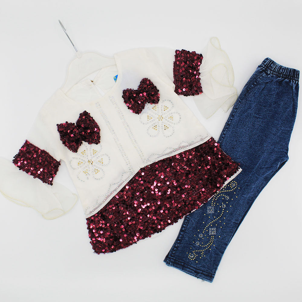 Girls Full Sleeves Stylish Fancy Sitara Bow Frock with Denim Jeans Pant for 12 Months - 3.5 Years