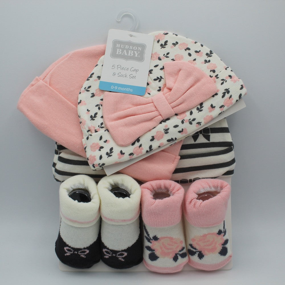 Imported Hudson baby 5 piece cap and socks booties set for 0-9 months