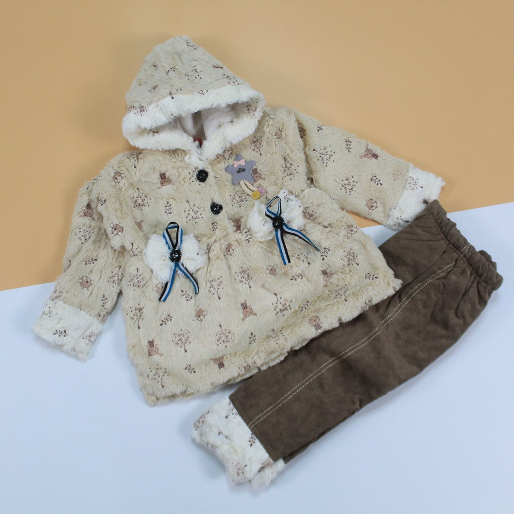 Winter Warm Fancy Fur Hoodie Jacket and Trouser Pants for 6 months - 5 years