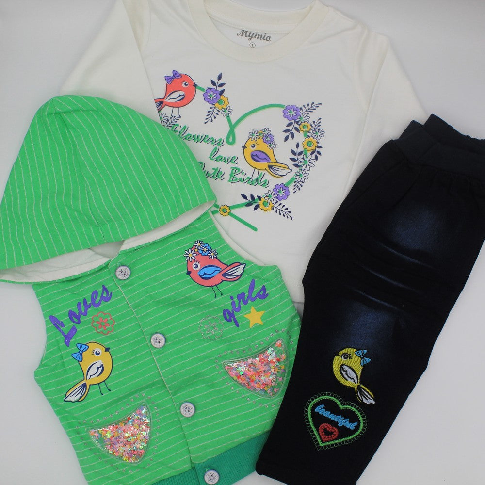 Baby Girl Winter Warm 3pcs Set Love Girl Fashion Fancy Printed White TShirt with Sleeveless Hooded Shirt Top and Jeans