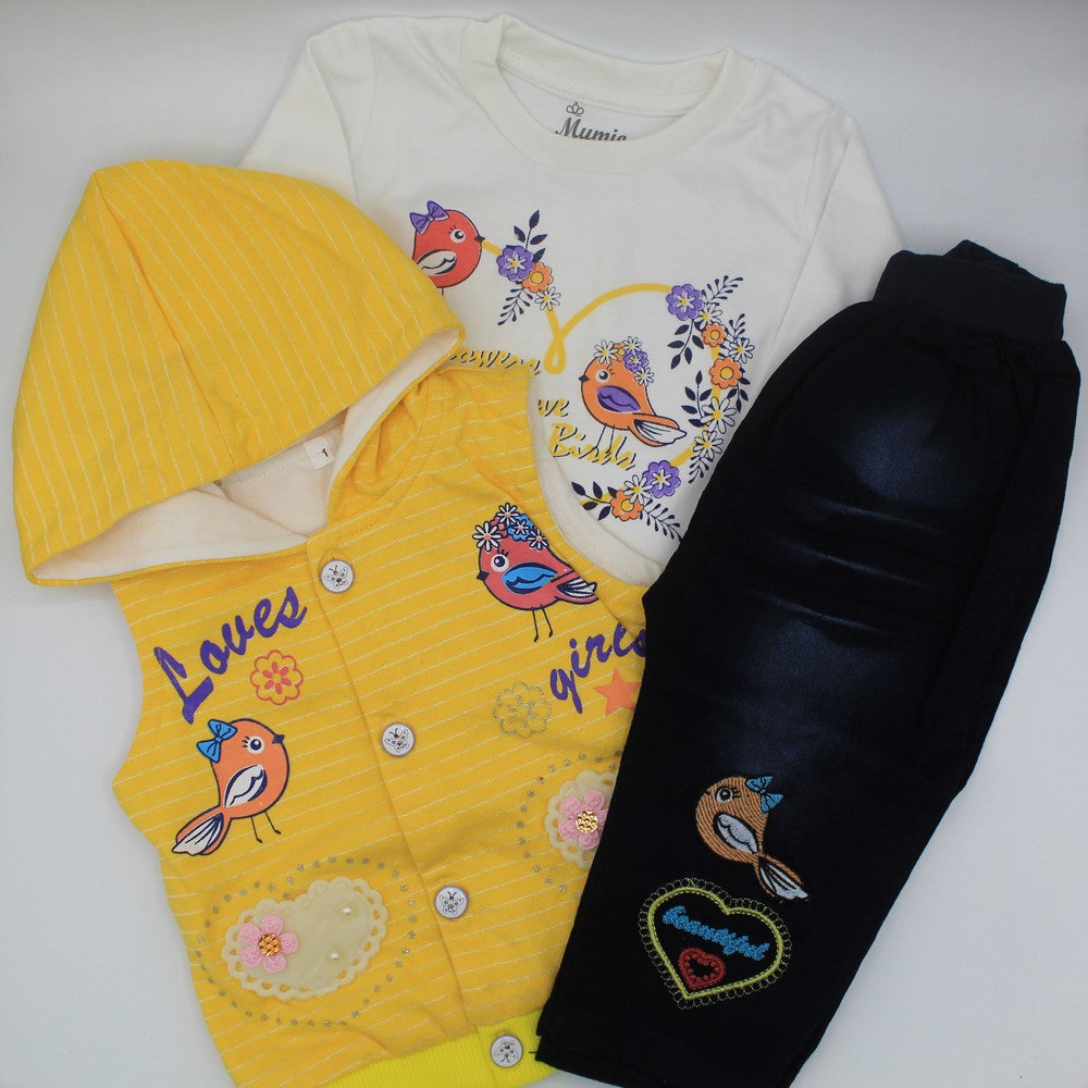 Baby Girl Winter Warm 3pcs Set Love Girl Fashion Fancy Printed White TShirt with Sleeveless Hooded Shirt Top and Jeans