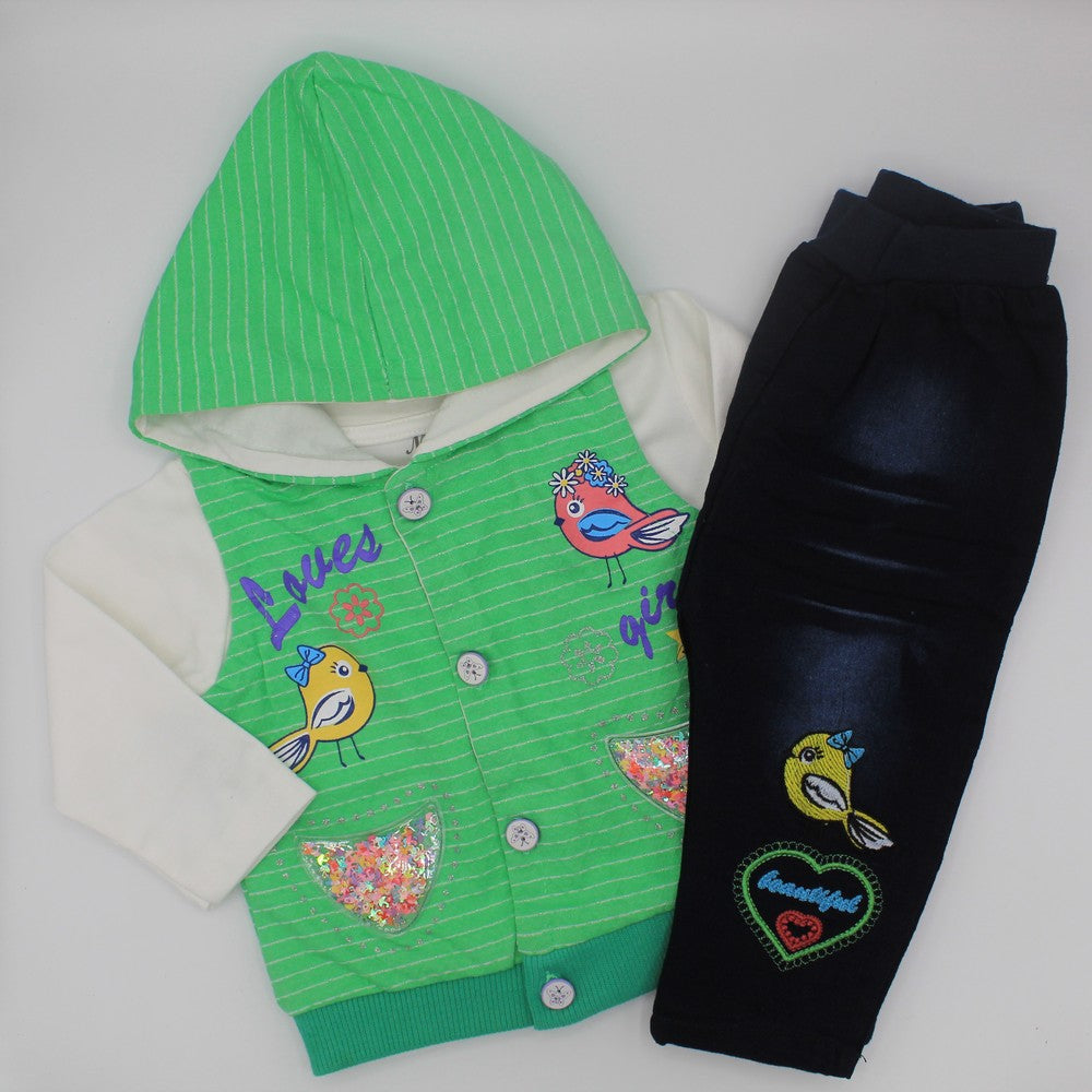 Baby Girl Winter Warm 3pcs Set Love Girl Fashion Fancy Printed White TShirt with Sleeveless Hooded Shirt Top and Jeans
