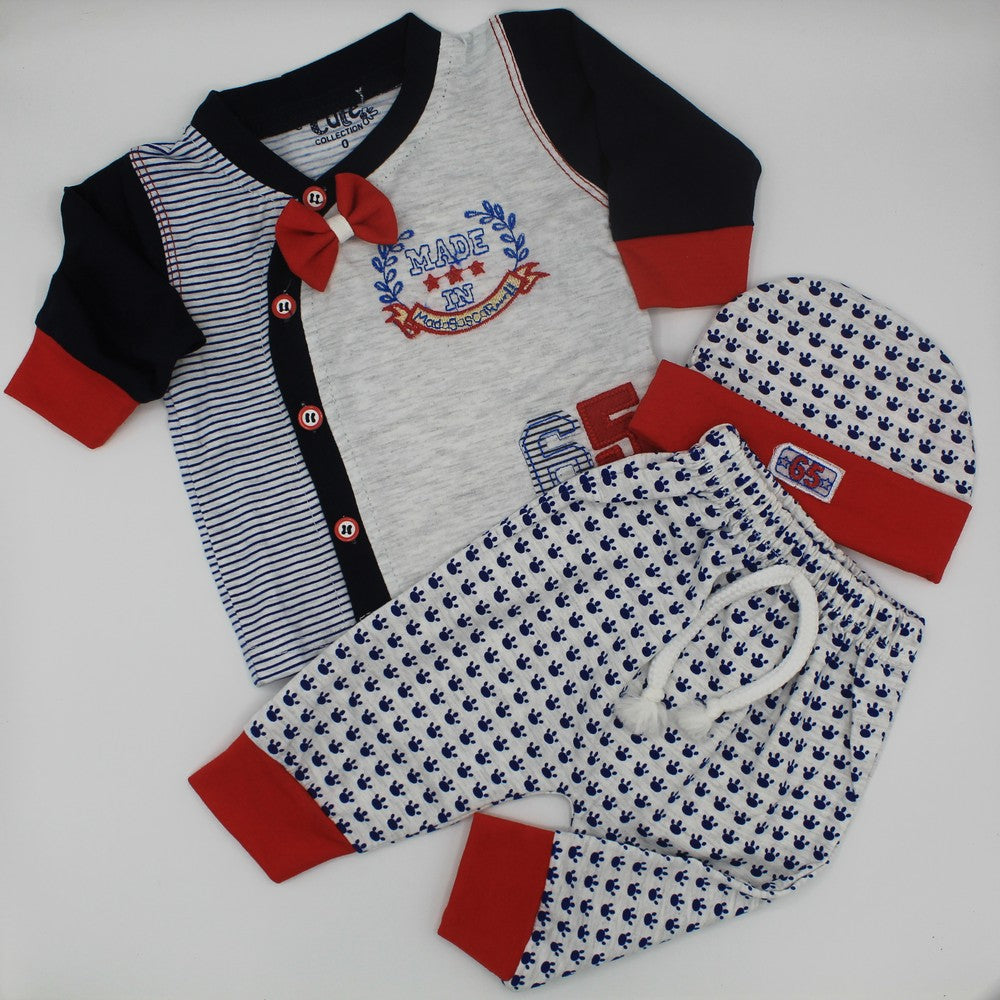 Newborn Gentleman Bow-Tie Sports Letter 69 Long Sleeve Shirt, Pajama and Cap For 0-3 Months