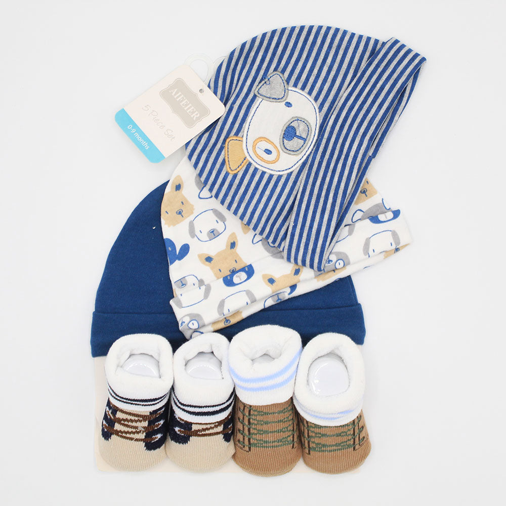 Imported Baby Boy Cap and Booties 5 Piece Set for 0-9 Months