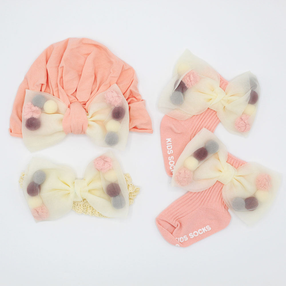 Imported Baby Girl Fur Ball Turban Cap Bow Hat Socks Headband Set for 4-18 Months