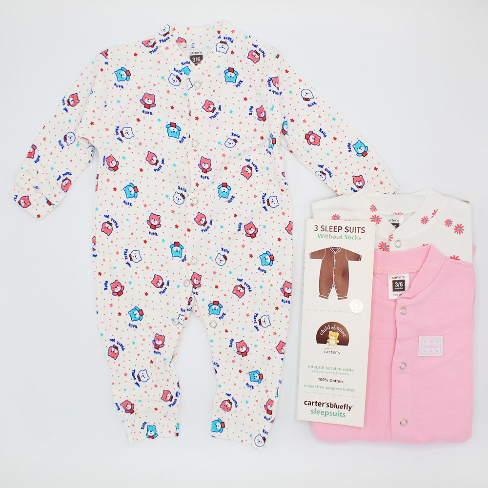 Imported Carters Pack of 3 Rompers Full Sleeves Cotton Stuff Summer Jumpsuit Sleepsuit for 0-24 Months