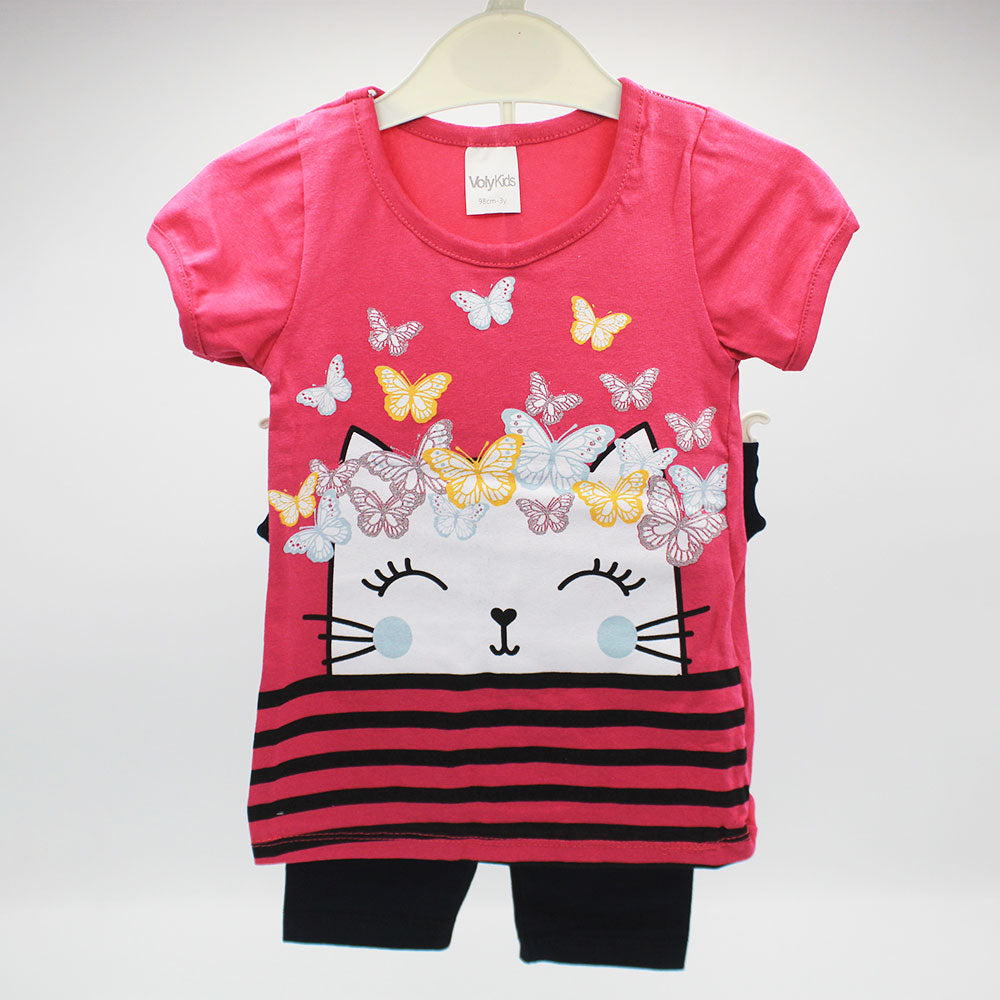 Imported Turkey Girls Cool Cat and Butterflies Half Sleeves Dress for 12 Months - 4 Years