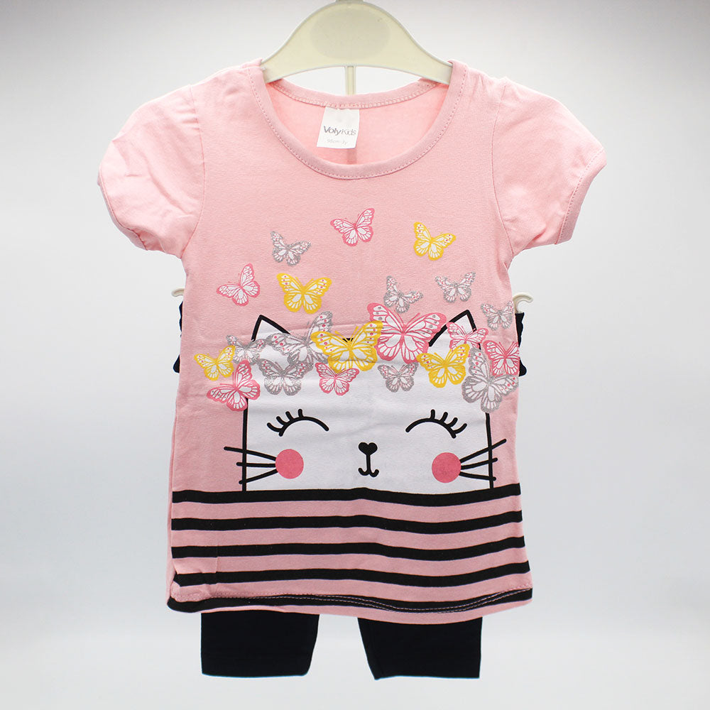 Imported Turkey Girls Cool Cat and Butterflies Half Sleeves Dress for 12 Months - 4 Years