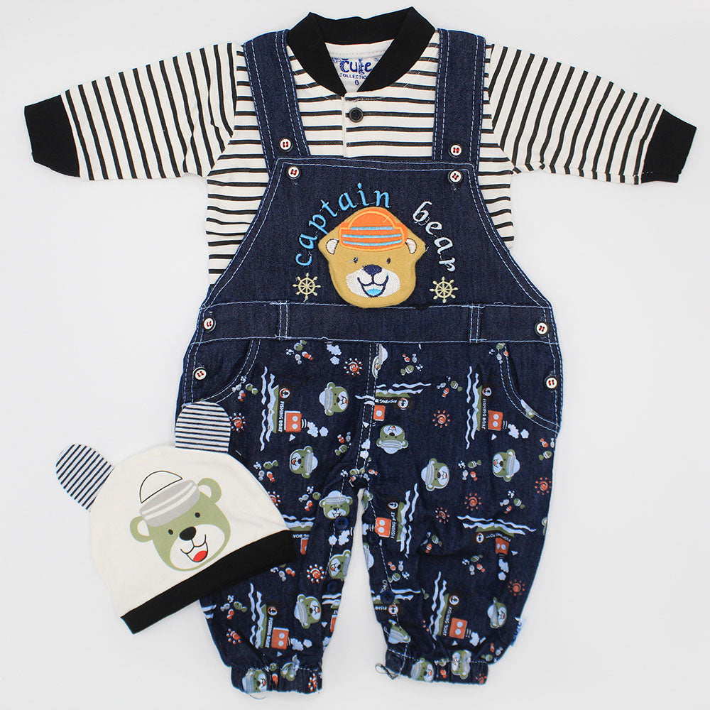 Newborn Baby 3D Captain Bear Full Sleeves Dungaree Romper for 0-3 Months