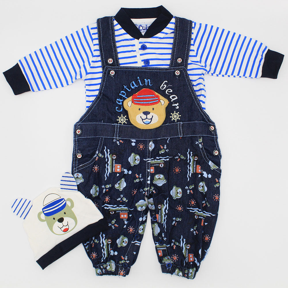 Newborn Baby 3D Captain Bear Full Sleeves Dungaree Romper for 0-3 Months
