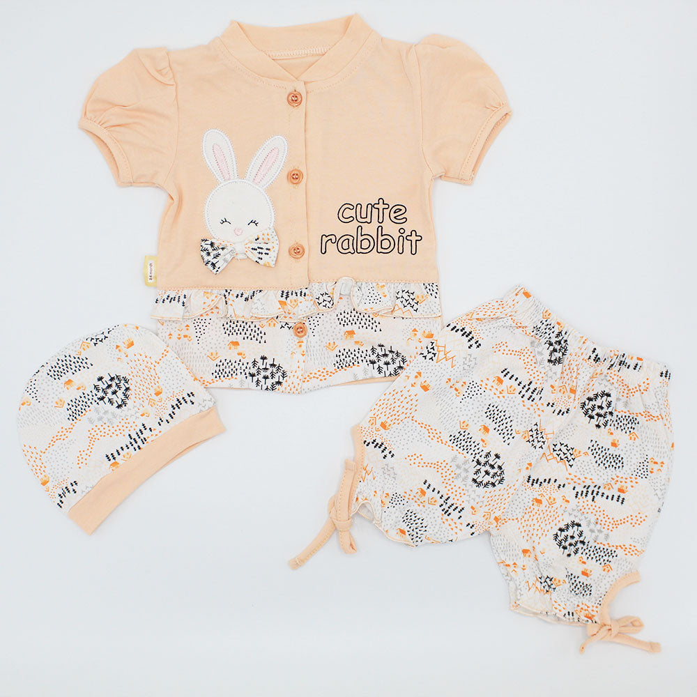 Newborn Baby Girl Cute Rabbit Half Sleeves Dress with Stylish Knot Shorts and Cap for 0-3 Months