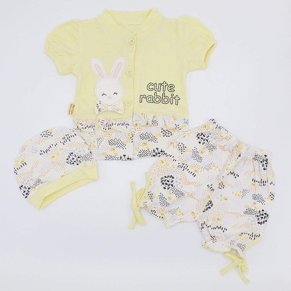 Newborn Baby Girl Cute Rabbit Half Sleeves Dress with Stylish Knot Shorts and Cap for 0-3 Months