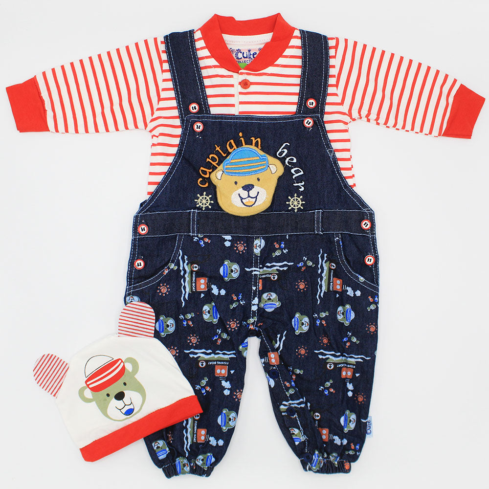 Newborn Baby 3D Captain Bear Full Sleeves Dungaree Romper for 0-3 Months