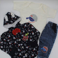Newborn Baby 3pcs Set Printed Inner T-Shirt with Long Sleeves Bow Tie Hooded Shirt and Pant