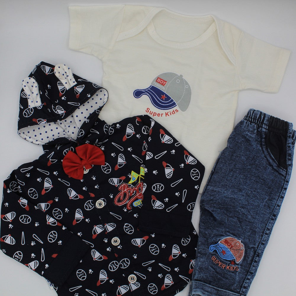 Newborn Baby 3pcs Set Printed Inner T-Shirt with Long Sleeves Bow Tie Hooded Shirt and Pant