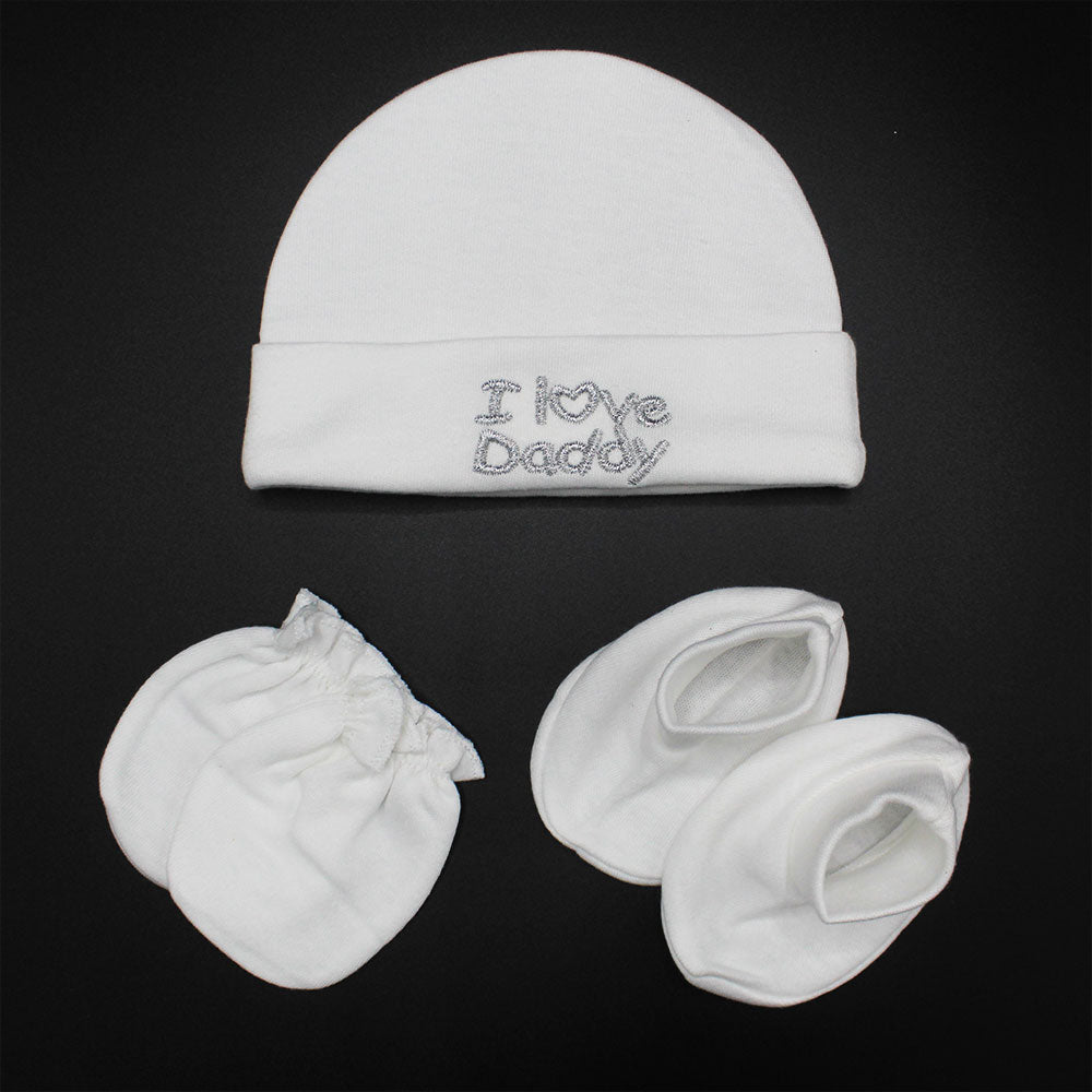 Imported Thai Newborn I Love Mommy Daddy 3 Pcs Cap Mittens and Booties Set for 0-3 Months