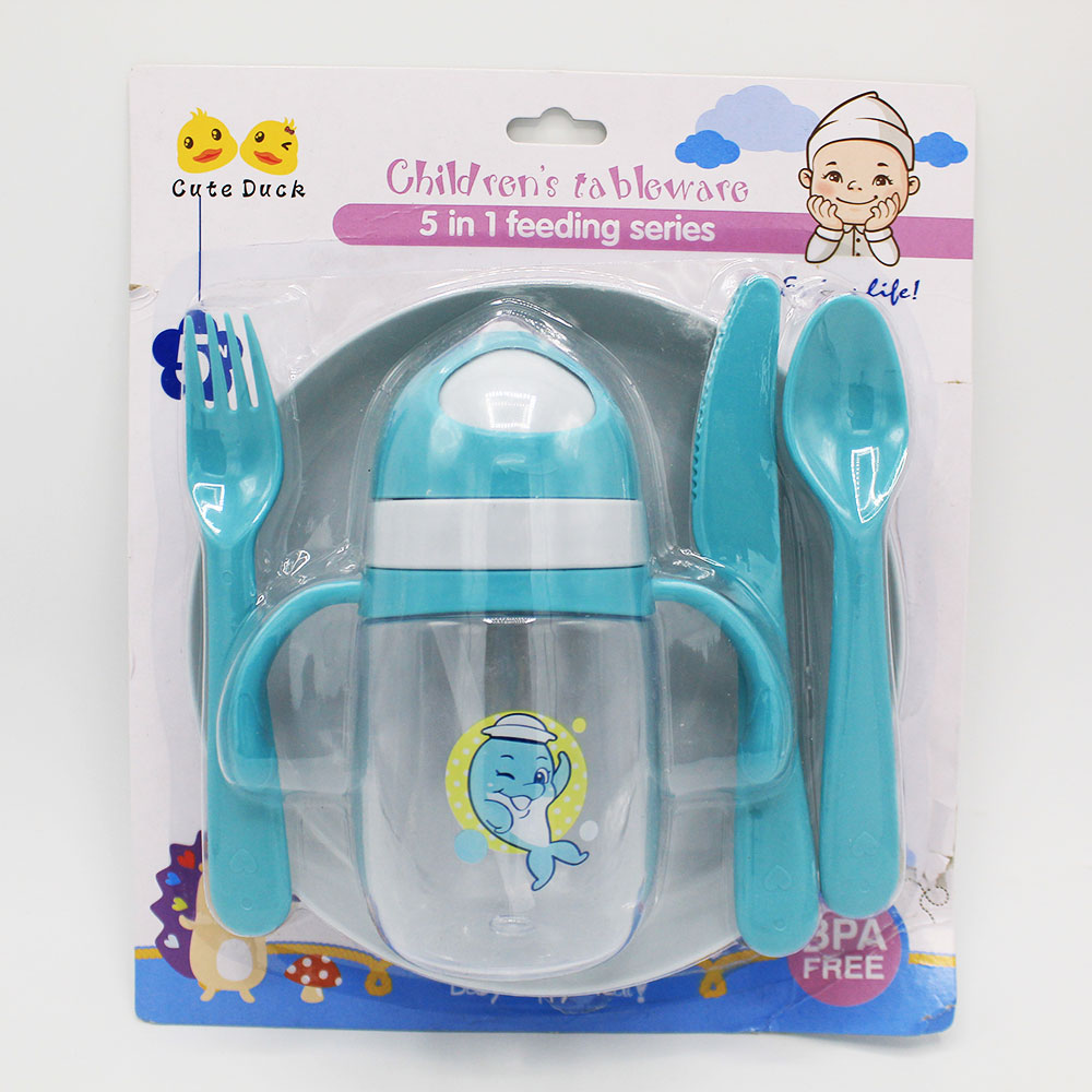 Imported Baby Kids 5 Pcs Feeding and Drinking Set with Plate and Sipper