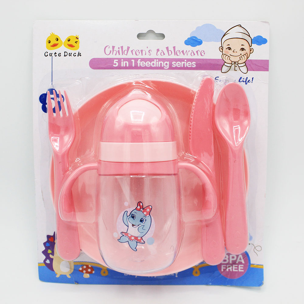 Imported Baby Kids 5 Pcs Feeding and Drinking Set with Plate and Sipper