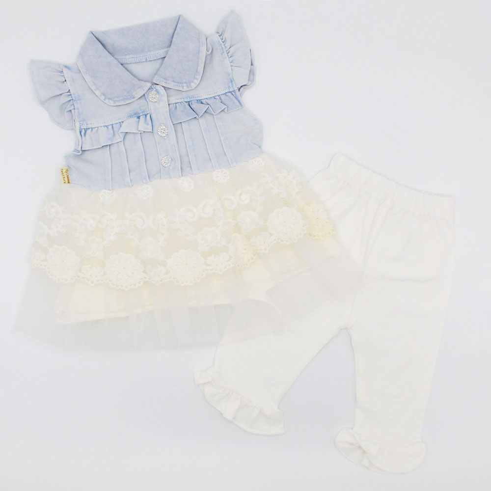 Baby Girl New Denim Style Long Frill Frock with Straight Pant Frill Bottom for 4-12 Months