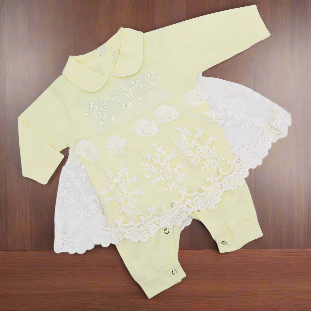 Baby Girl Fancy Embroidered Flowers Top Frill Full Sleeves Romper for 0-12 Months