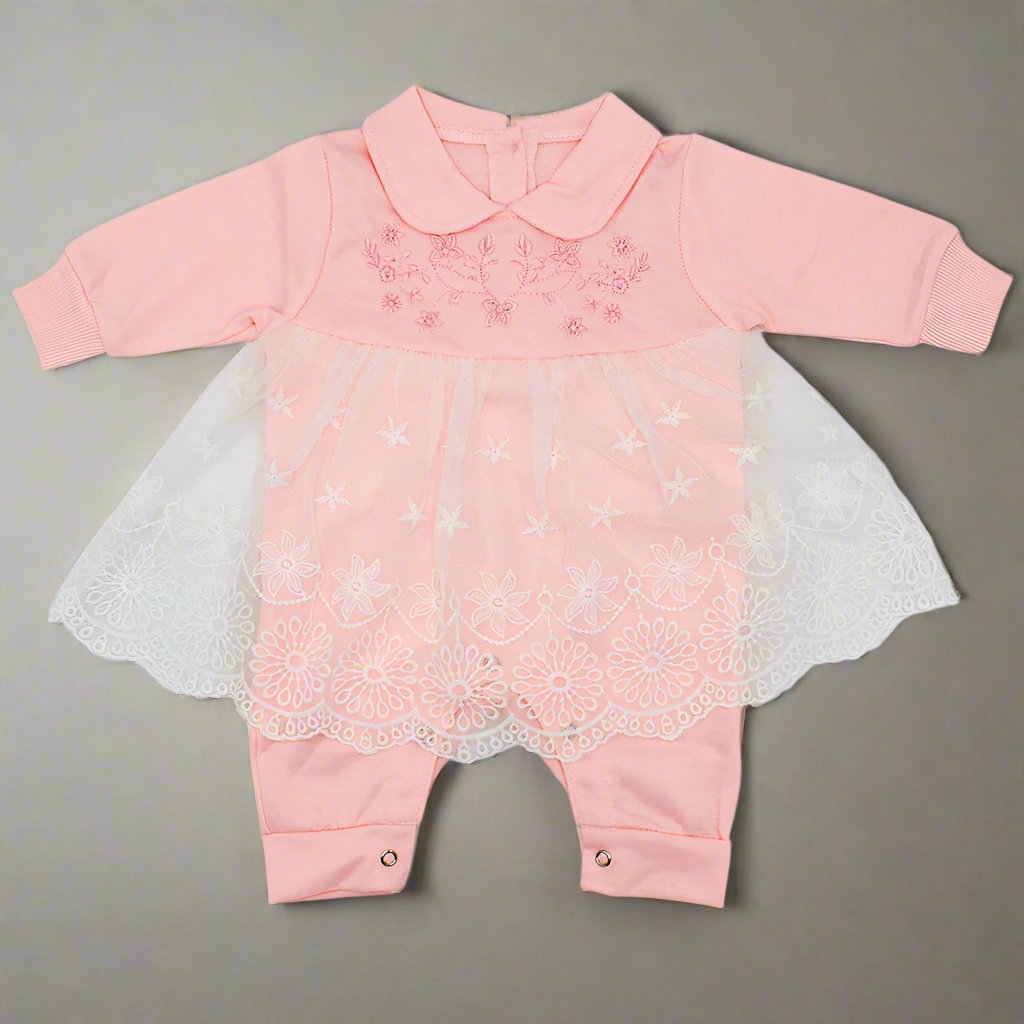 Baby Girl Winter Flower Embroidered Flower Net Frill Frock Romper for 0-12 Months