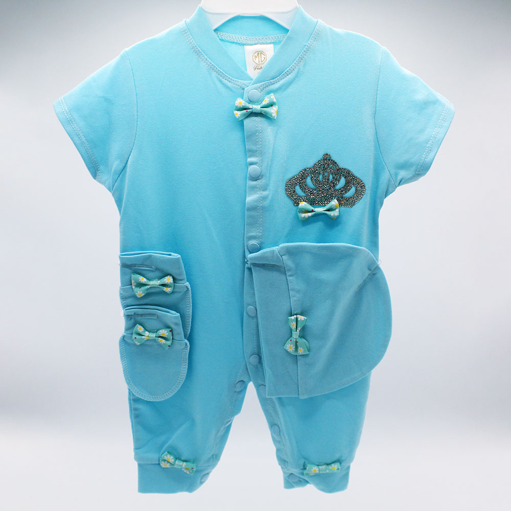 Made As Turkey Summer Half Sleeves 3D Crown Baby Bow Romper Set with Cap and Mittens for 0-9 Months
