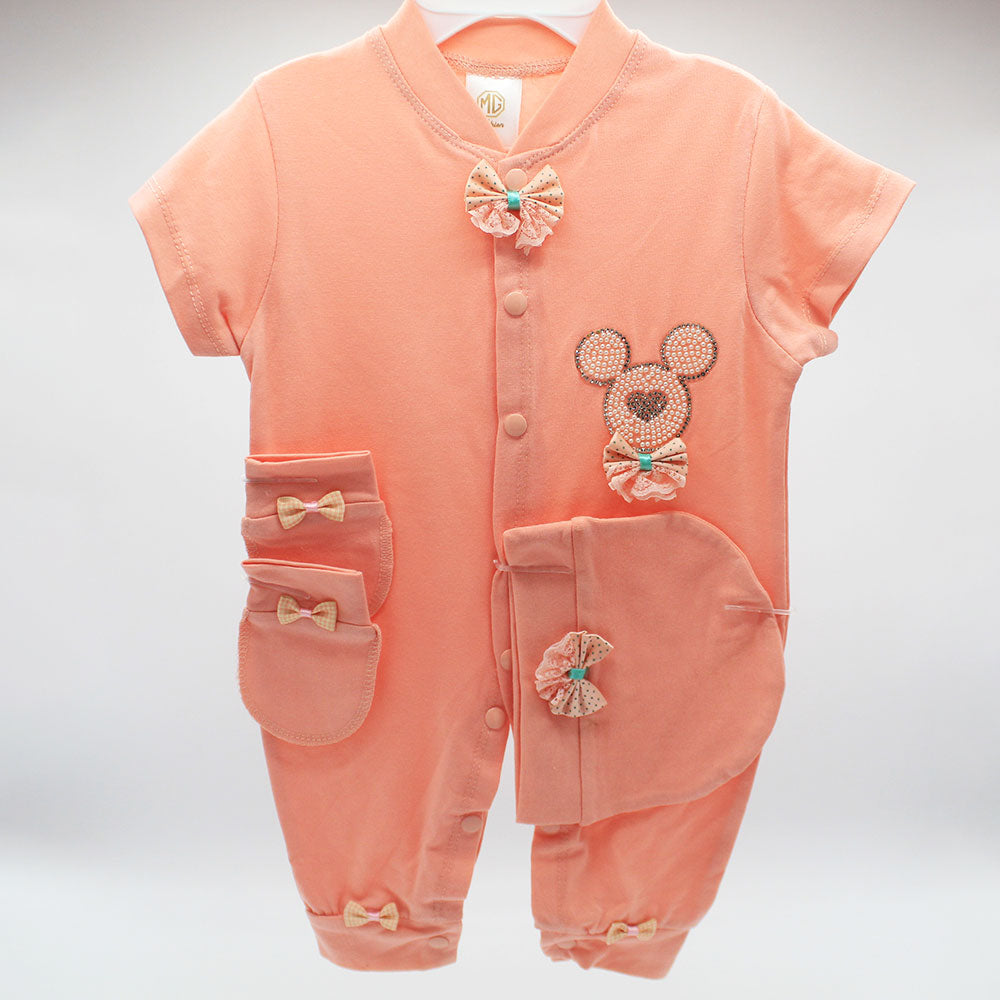 Made As Turkey Summer Half Sleeves 3D Crown Baby Bow Romper Set with Cap and Mittens for 0-9 Months