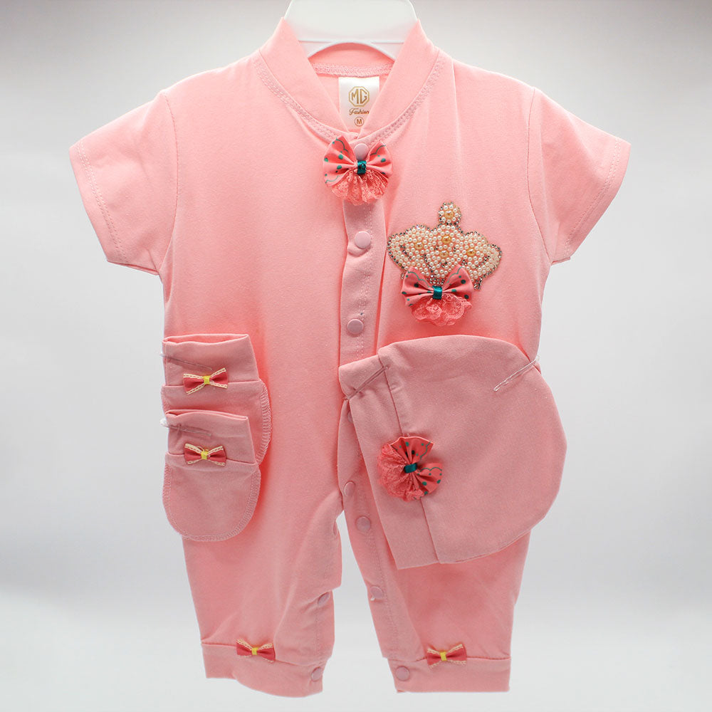 Made As Turkey Summer Half Sleeves 3D Crown Baby Bow Romper Set with Cap and Mittens for 0-9 Months