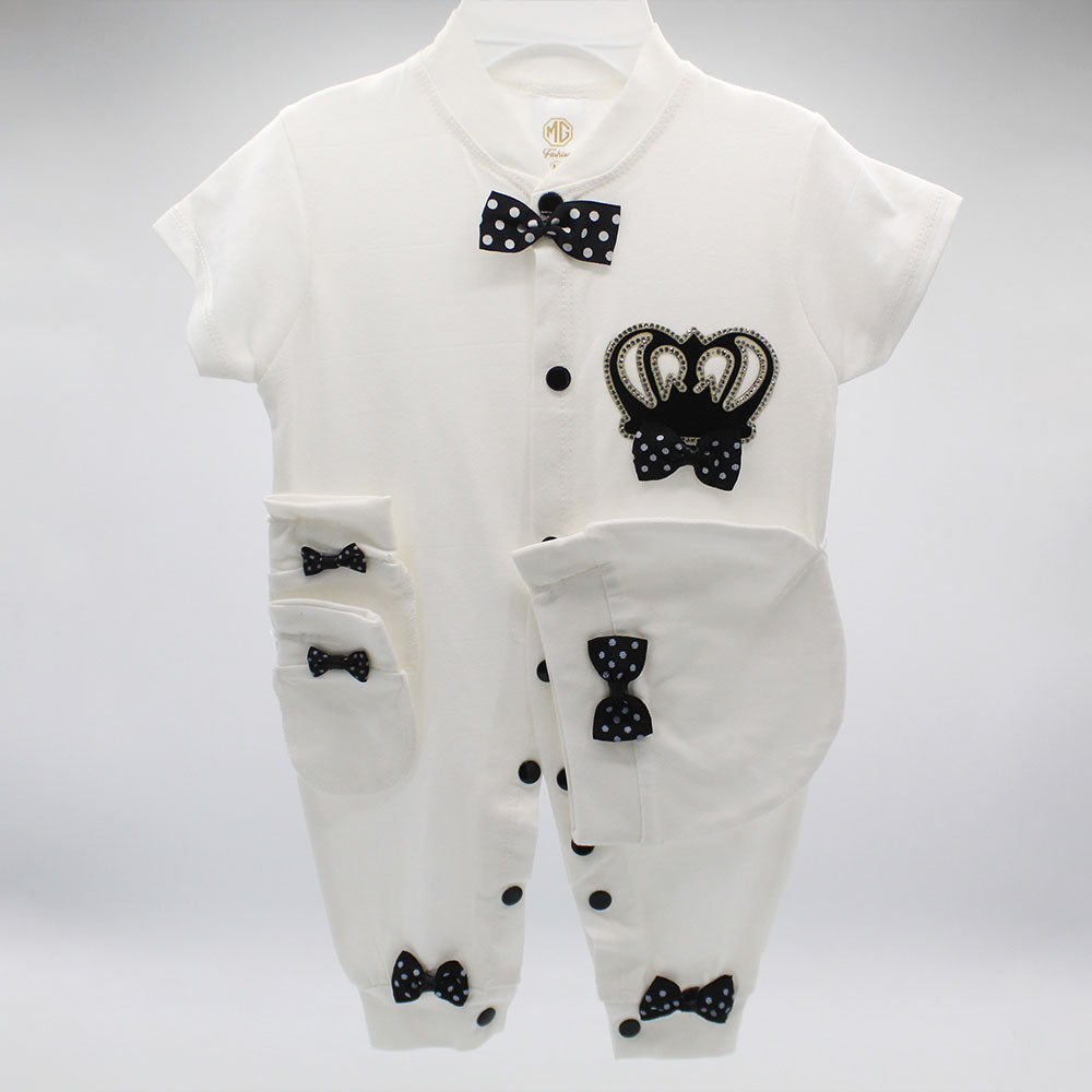 Made As Turkey Summer Half Sleeves 3D Crown Baby Bow Romper Set with Cap and Mittens for 0-9 Months
