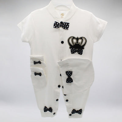 Made As Turkey Summer Half Sleeves 3D Crown Baby Bow Romper Set with Cap and Mittens for 0-9 Months