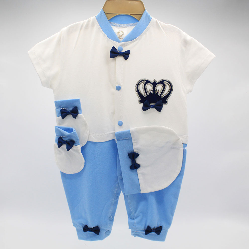 Made As Turkey Summer Half Sleeves 3D Crown Baby Bow Romper Set with Cap and Mittens for 0-9 Months