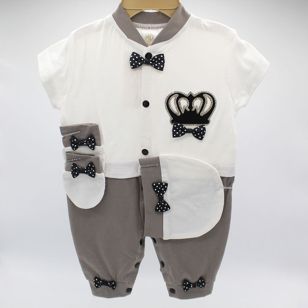 Made As Turkey Summer Half Sleeves 3D Crown Baby Bow Romper Set with Cap and Mittens for 0-9 Months