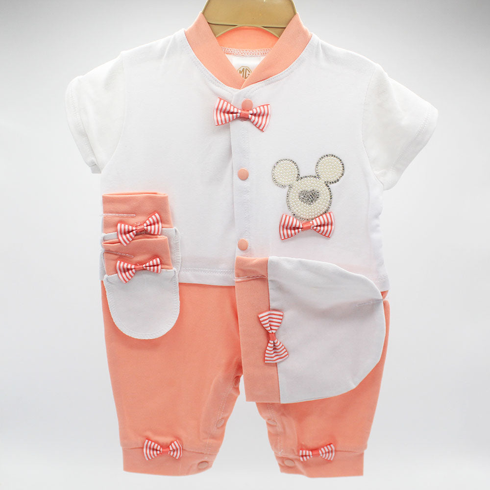 Made As Turkey Summer Half Sleeves 3D Crown Baby Bow Romper Set with Cap and Mittens for 0-9 Months