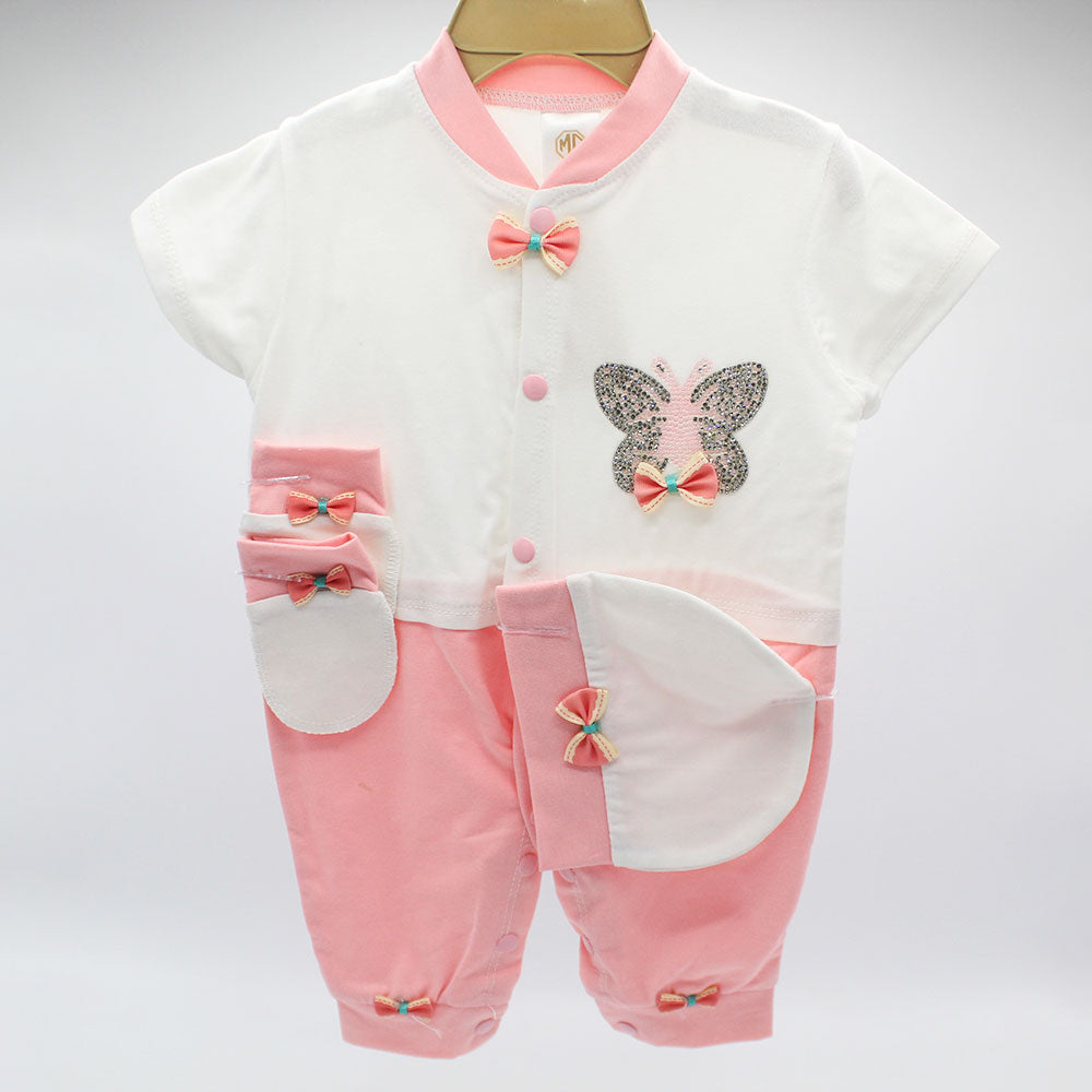 Made As Turkey Summer Half Sleeves 3D Crown Baby Bow Romper Set with Cap and Mittens for 0-9 Months