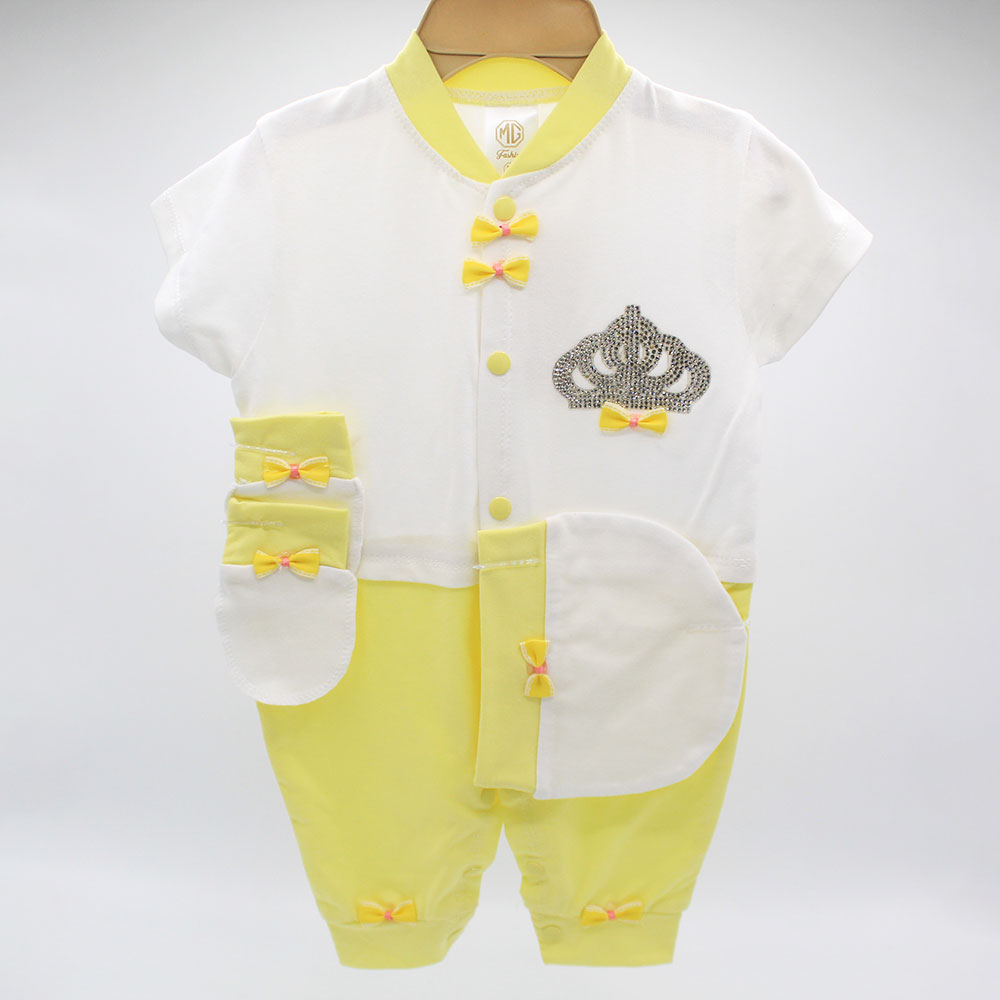 Made As Turkey Summer Half Sleeves 3D Crown Baby Bow Romper Set with Cap and Mittens for 0-9 Months