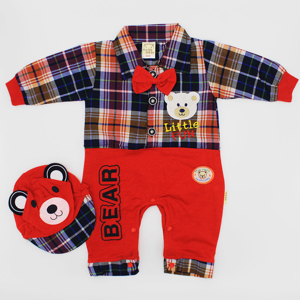 Baby Gentleman Bear Full Sleeve Romper with Cap Formal Fashion for 0-12 months
