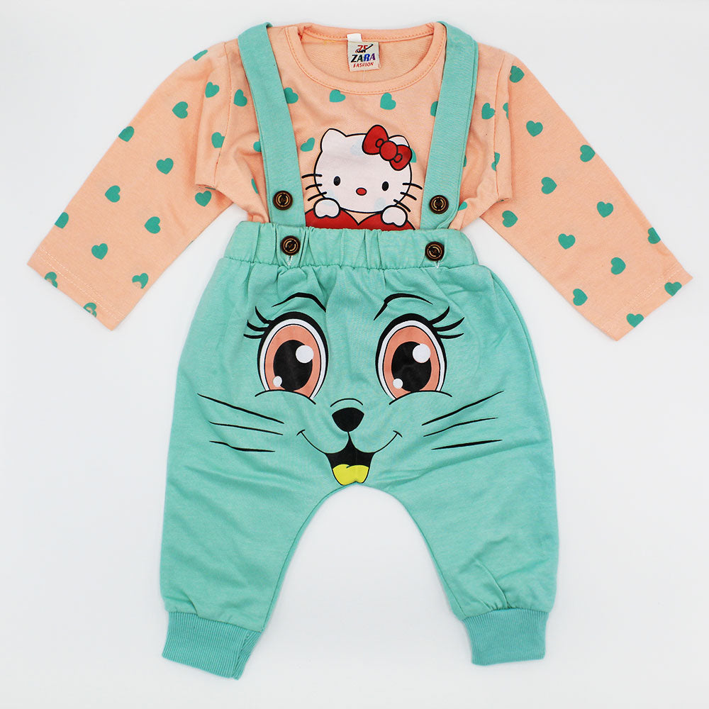 Girls Love Kitty Dungaree Romper with Shirt Full Sleeves for 12 Months - 3 Years