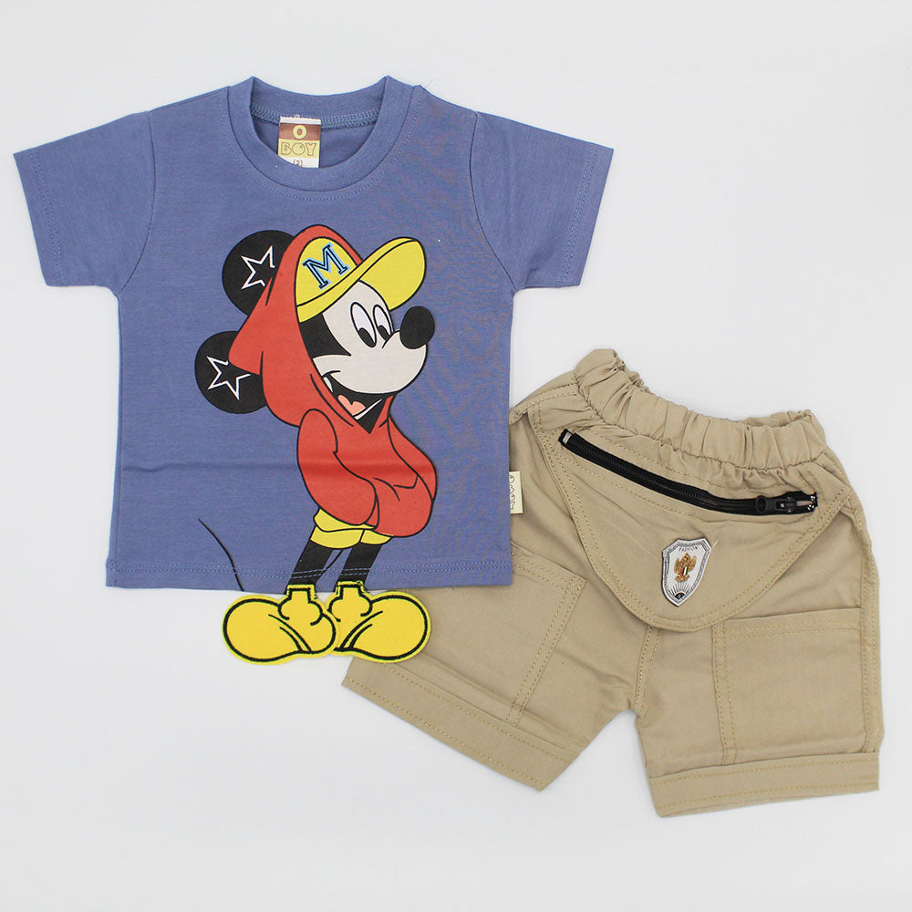 Baby 3D Mickey Mouse Shirt with Front Zip Pocket Camo Shorts for 4-18 Months
