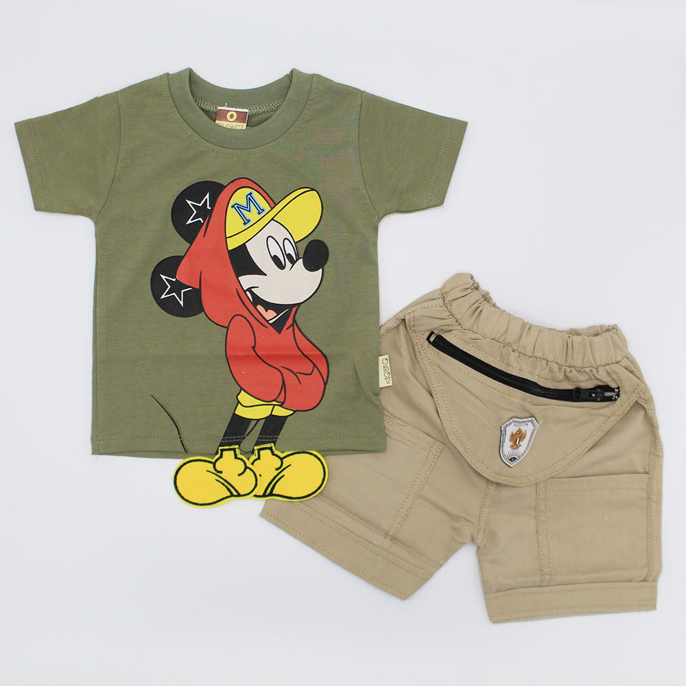Baby 3D Mickey Mouse Shirt with Front Zip Pocket Camo Shorts for 4-18 Months