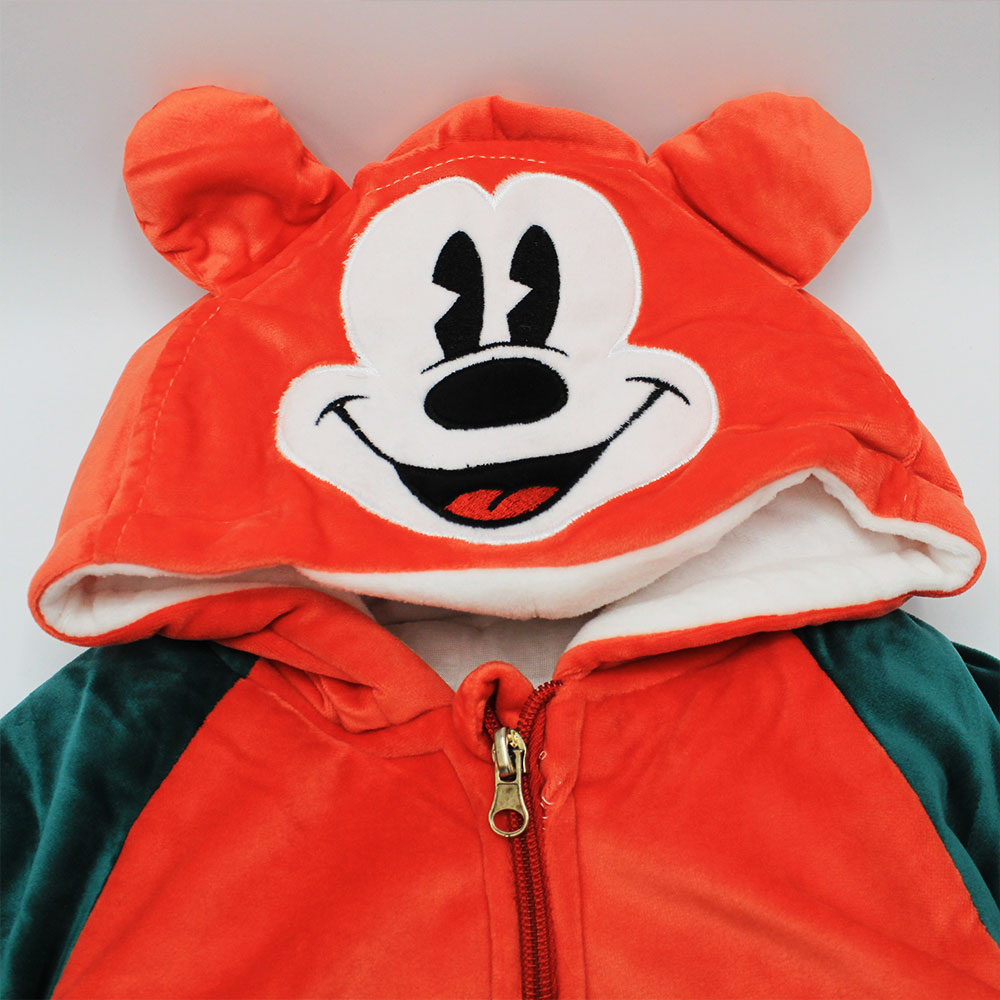 Imported Winter Baby Mickey Mouse Full Polyester Filled Velvet Hooded Character Zipper Romper for 6-18 Months