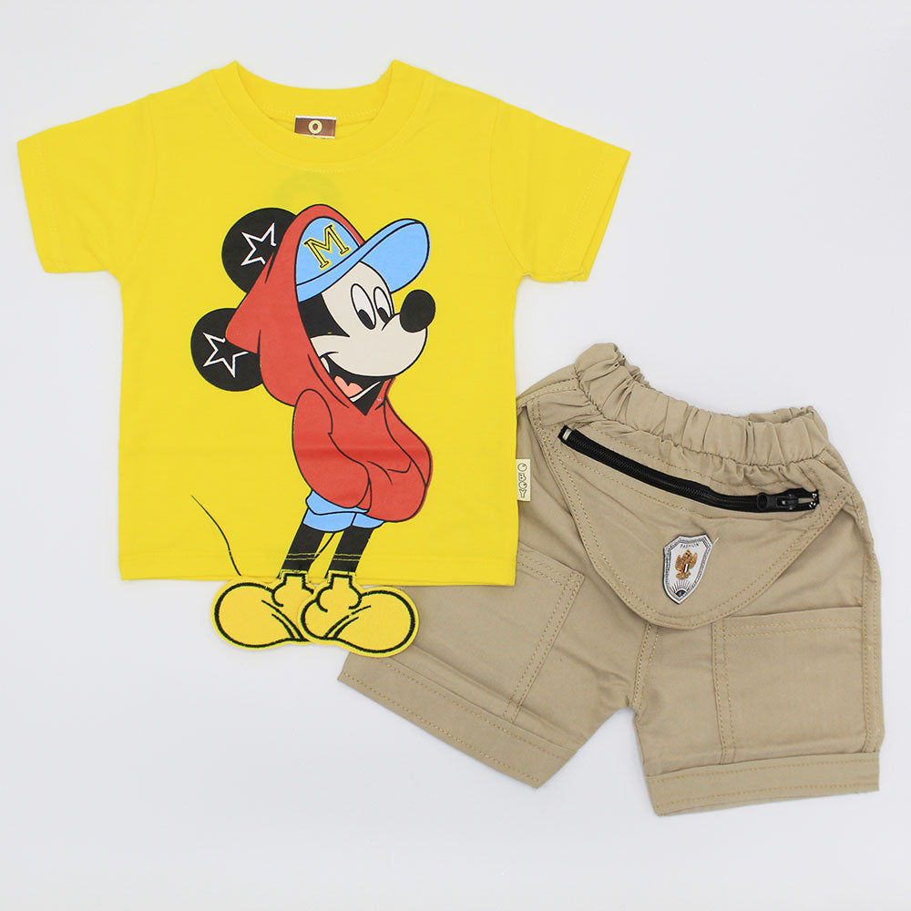 Baby 3D Mickey Mouse Shirt with Front Zip Pocket Camo Shorts for 4-18 Months