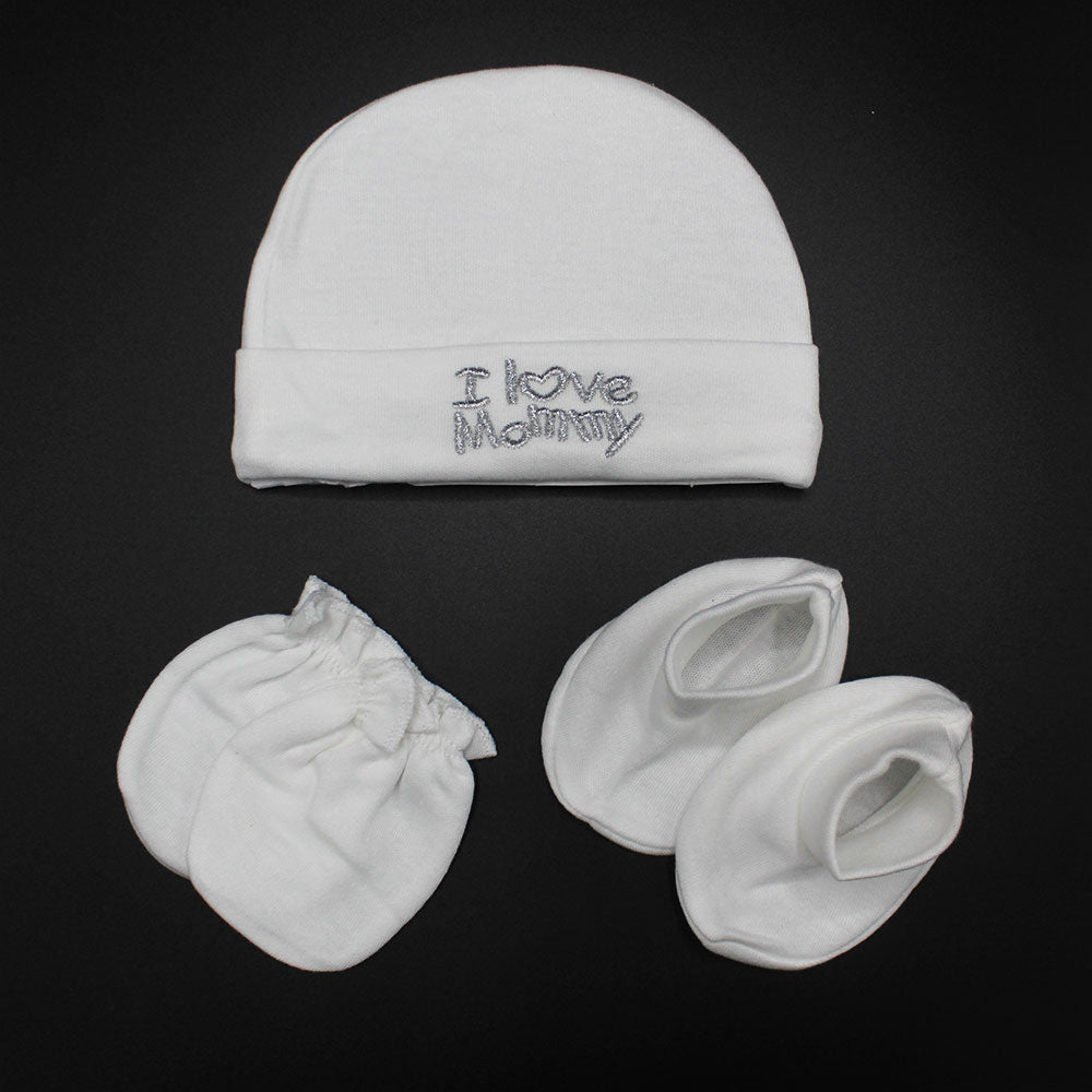 Imported Thai Newborn I Love Mommy Daddy 3 Pcs Cap Mittens and Booties Set for 0-3 Months