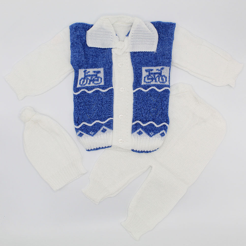 Newborn Winter Woolen Knitted Baby Sweater Suit With Cap - Bicycle Design for 0-6 Months