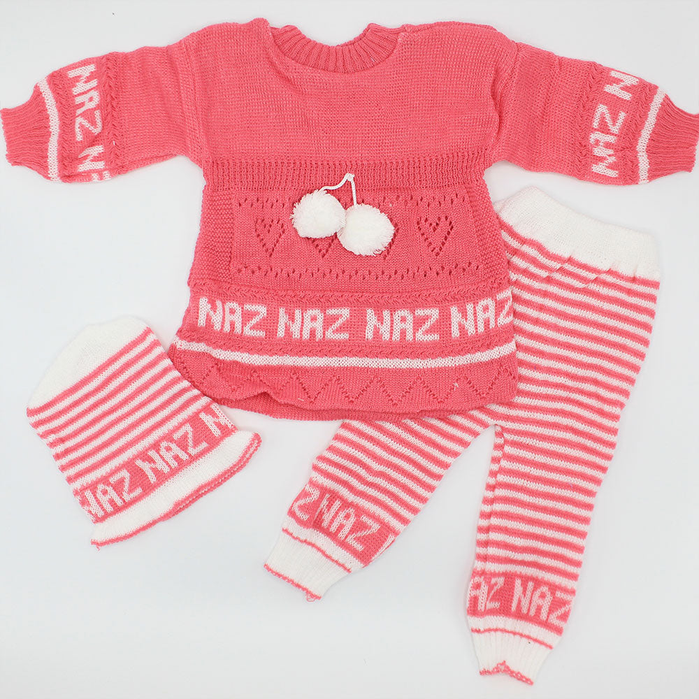 Baby Girl Winter Woolen Knitted Baby 3 Pcs Sweater Suit With Cap for 3-9 Months